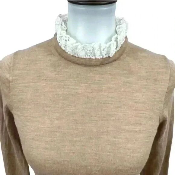J. Crew Women's Heather Tan Merino Wool Lightweight Knit Antique Lace Collar Lon - Picture 2 of 12